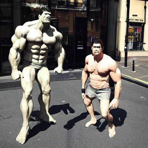 Prompt: “the Incredible Hulk and his twin brother terrorise shoppers on Marylebone High St #bbcnews hq photo ”