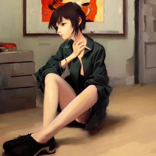 Image similar to A ultradetailed beautiful panting of a stylish girl sitting on the floor of a messy apartment, she is wearing an oversized jacket, Oil painting, by Ilya Kuvshinov, Greg Rutkowski and Makoto Shinkai