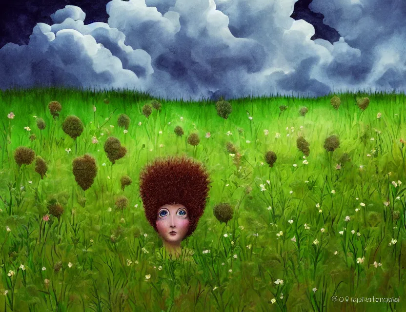 Image similar to feral chia pet in the meadow, stormy skies. russian fairytale art, gouache, dynamic composition, backlighting