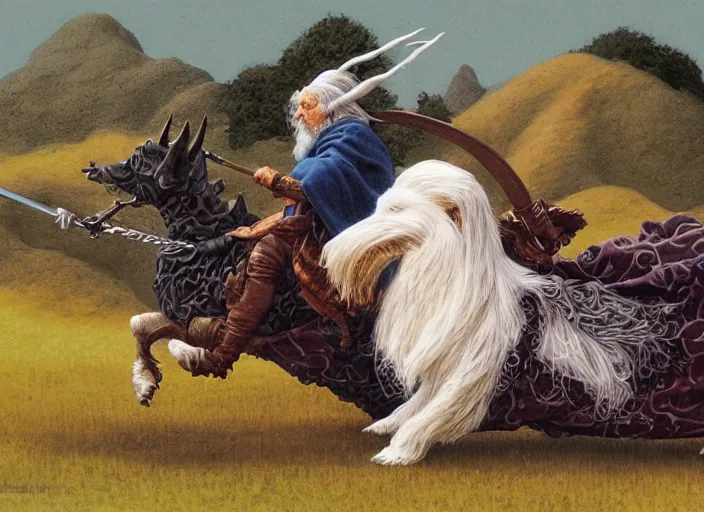 Image similar to Gandalf the White riding a dachshund, intricate artwork by Angus McBride, John Howe, Matthew Stewart, Ted Nasmith, highly detailed