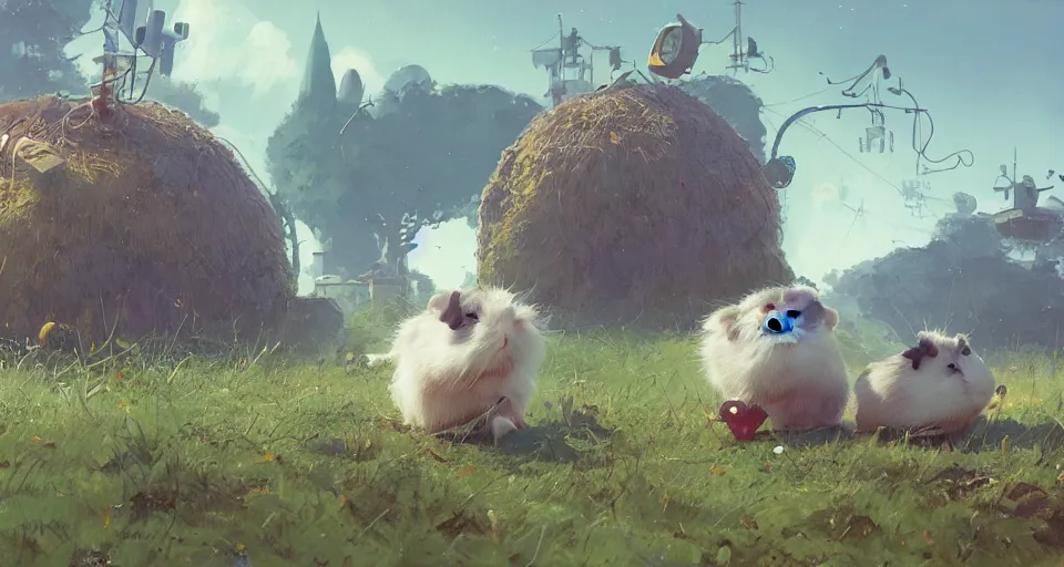 Image similar to a realistic cute guineapigs everywhere, by simon stalenhag, frank frazetta, greg rutkowski, beeple, yoko taro, christian macnevin, beeple, epic fantasy character art, volumetric outdoor lighting, midday, high fantasy, cgsociety, cheerful colours, full length, exquisite detail, post - processing, masterpiece, cinematic