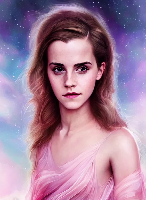 Prompt: emma watson as nature magic celestial, long hair, pink and transparent cloth, space, D&D, shiny background, intricate, elegant, highly detailed, digital painting, artstation, concept art, smooth, sharp focus, illustration, artgerm, bouguereau