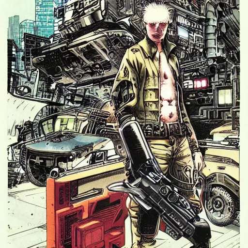 Prompt: sci - fi, dystopian bounty hunter, art by otomo