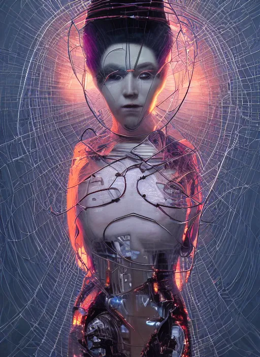 Image similar to portrait of a futuristic geisha cyborg surrounded by wire locked into the matrix, in the style of ghost, by jheronimus bosch and greg rutkowski,