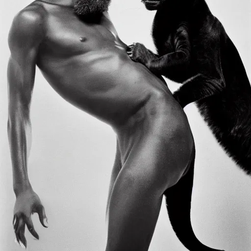 Prompt: the handsome african male model and the black leopard, black and white, by richard avedon,