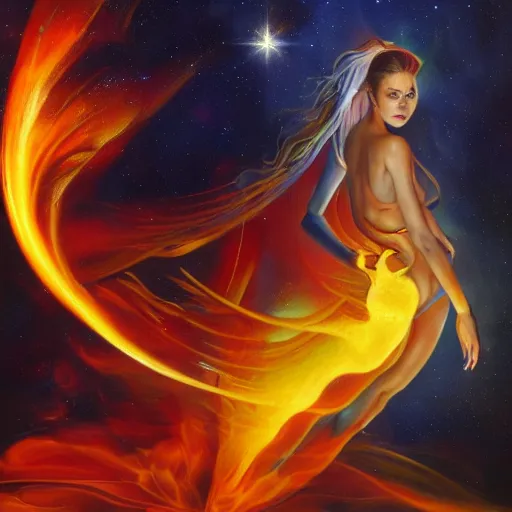 Image similar to A beautiful painting of a female cosmic being with flames as her body by Jim Burns, 8K, ultra-detailed , Trending on artstation.