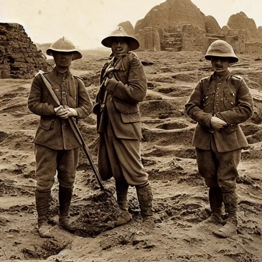 Image similar to ultra detailed photorealistic sepia - toned photo from 1 9 1 7, three british soldiers standing at an archaeological dig site in wadi rum, ultra realistic, painted, intricate details, lovecraft, atmospheric, dark, horror, brooding, highly detailed, by clyde caldwell