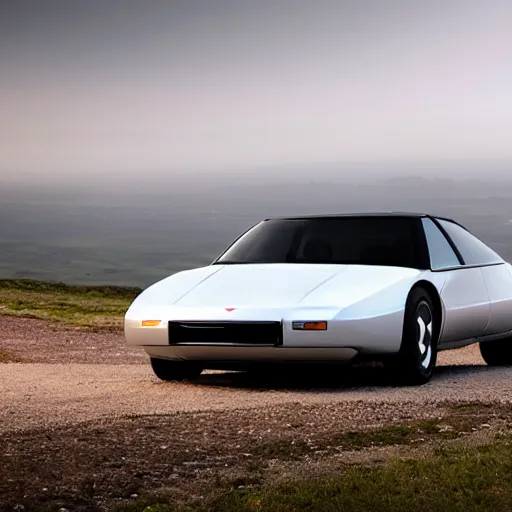 Image similar to a 1 9 9 0 v 8 sport car designed by tesla, outdoor magazine, ambient light, fog