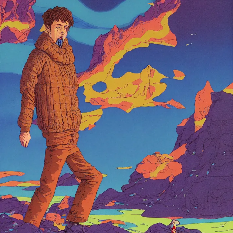 Prompt: a claymation portrait of a young english man holding a colorful blotter paper of lsd acid and dreaming psychedelic hallucinations in the vast icy landscape of antarctica, by soul bass, kawase hasui, moebius, 8 k, artstation