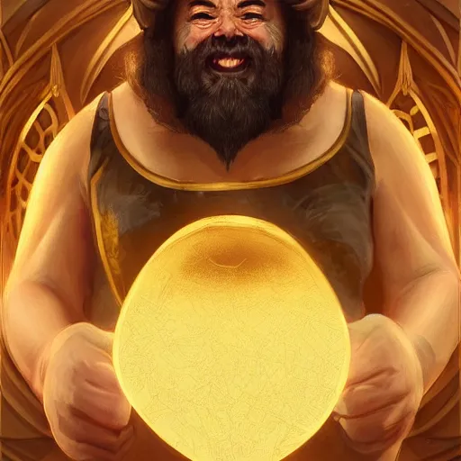 Prompt: symmetrical portrait of a happy dwarf showing off the giant gold nugget, realistic, beautiful, fantasy art, dnd, lord of the rings, style of charlie bowater, concept art, sharp focus, ray tracing