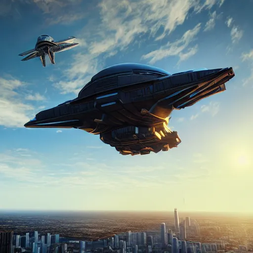 Image similar to 3d render of an advanced starship hovering above Chicago, Halo, 4k, artstation, cgsociety, cinematic lighting, detailed, textured, vivid colors, colorful, photorealistic, high dynamic range, HDR, trending on Artstation, Unreal Engine 4k, octane render, by Ivan Kramskoi and greg rutkowski and Ilya Kuvshinov and alphonse mucha