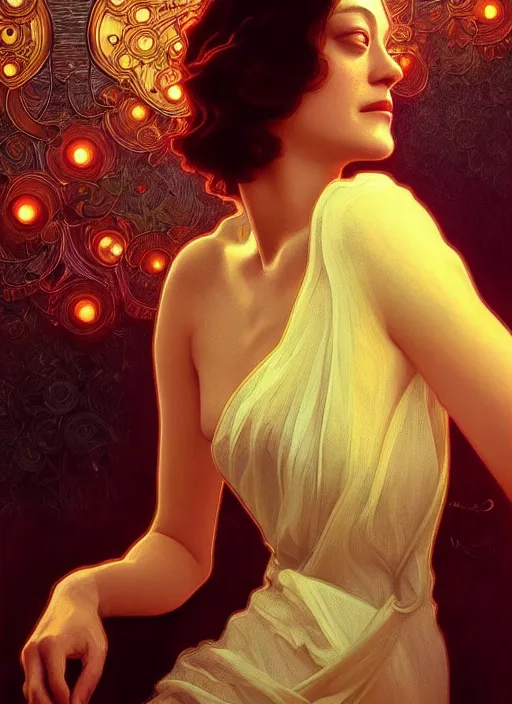 Image similar to portrait of marion cotillard, intricate, elegant, glowing lights, highly detailed, digital painting, artstation, glamor pose, concept art, smooth, art nouveau, sharp focus, illustration, art by wlop, alphonse mucha and craig mullins