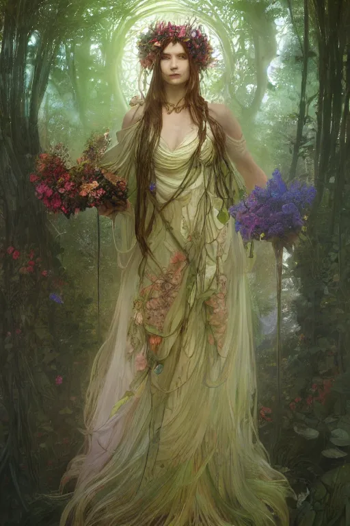 Image similar to a beautiful female forest druid wearing a head dress of flowers and a flowing dress surrounded by light in a heavenly forest realm, full body shot, video game concept art, alphonse mucha, james gurney, greg rutkowski, vivid colour, fine detail, dramatic lighting, beautiful