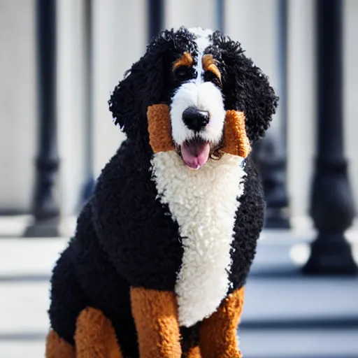 Image similar to a closeup photorealistic photograph of a cute smiling knitted bernedoodle judge dog dressed in a black gown, presiding over the courthouse. indoor image, professional capture, well lit shot. this 4 k hd image is trending on artstation, featured on behance, well - rendered, extra crisp, features intricate detail, epic composition and the style of unreal engine.