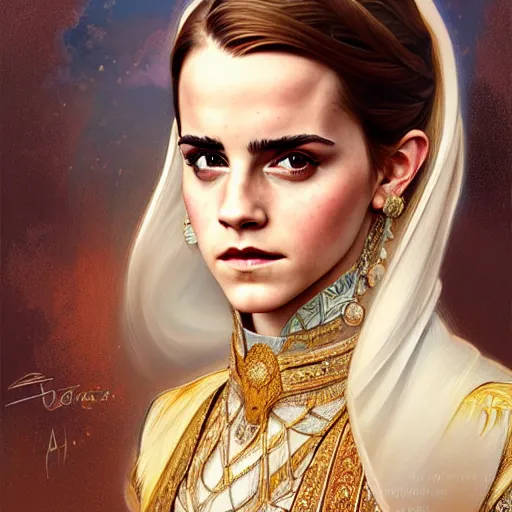 Prompt: emma watson portrait of ottoman sultan gog, female, clear face, symetrical, masculine, full body, 4 k, fantasy, intricate, elegant, highly detailed, digital painting, artstation, concept art, matte, sharp focus, illustration, art by artgerm and greg rutkowski and alphonse mucha