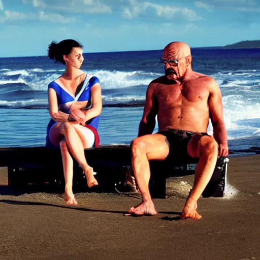 Prompt: walter white and ironman sitting on the beach