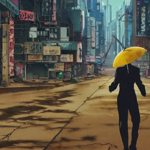 Image similar to incredible wide screenshot, ultrawide, simple watercolor, rough paper texture, ghost in the shell movie scene, back-lit distant shot of phoenix running from a puppet master in tuxedo side view, yellow parasol in deserted dusty shinjuku junk town, broken vending machines, bold graphic graffiti, old pawn shop, bright sun bleached ground, mud, fog, dust, windy, scary robot monster lurks in the background, ghost mask, teeth, animatronic, black smoke, pale beige sky, junk tv, texture, brown mud, dust, tangled overhead wires, telephone pole, dusty, dry, pencil marks, genius party,shinjuku, koji morimoto, katsuya terada, masamune shirow, tatsuyuki tanaka hd, 4k, remaster, dynamic camera angle, deep 3 point perspective, fish eye, dynamic scene