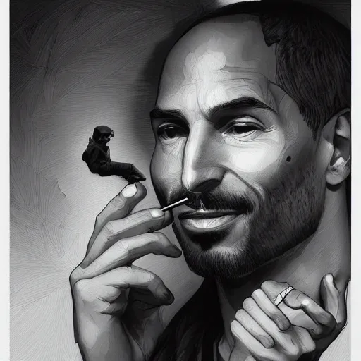 Prompt: Portrait of steve jobs and tupac smoking pot in heaven, intricate, highly detailed, digital painting, artstation, concept art, smooth, art by artgerm and greg rutkowski and alphonse mucha