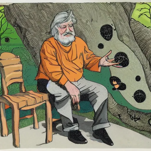 Image similar to robert wyatt sitting alongside giant spiders, illustration by robert wyatt