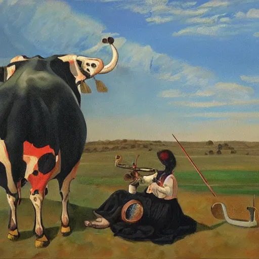 Image similar to painting of a big cow with a long curved neck playing violin in a medivial styled field with three peasants spitting on it's face