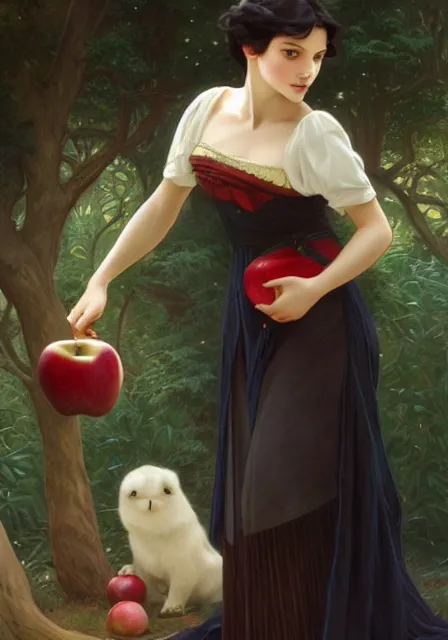 Image similar to snow white and apple, intricate, elegant, highly detailed, digital painting, artstation, concept art, smooth, sharp focus, illustration, art by artgerm and greg rutkowski and alphonse mucha and william - adolphe bouguereau