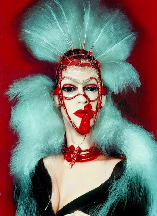 Image similar to an 8 0 s portrait of a woman with dark eye - shadow and red lips with dark slicked back hair, a mask made of wire and beads, dreaming acid - fueled hallucinations by serge lutens, rolf armstrong, delphin enjolras, peter elson, red cloth background