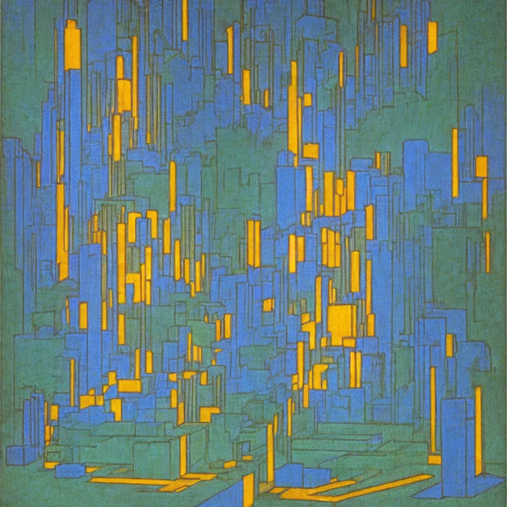 Image similar to isometric artdeco blue and green cathedral at night by frank lloyd wright, isometric, painted by piet mondrian