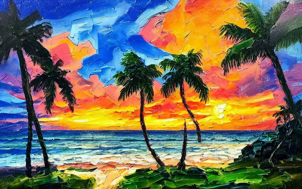 Prompt: a very very small island! with a cute cozy large cottage!! on it and a paved patio!! with chairs and string lights!, palm trees, very late evening cloudy sunset, dramatic and dynamic lighting, thick brush strokes oil impasto painting