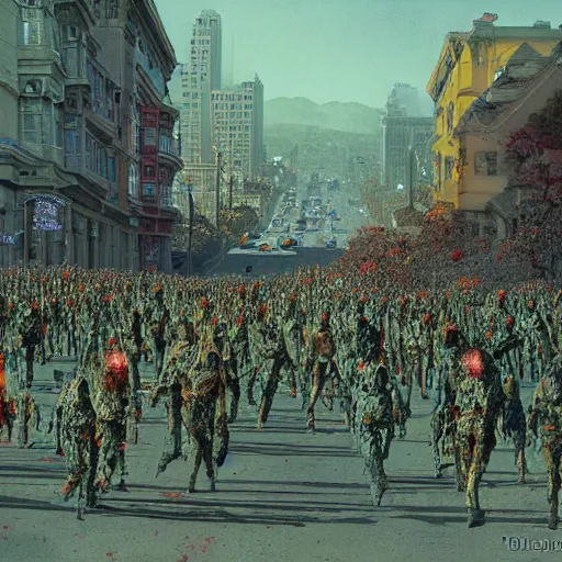 Prompt: painted ladies in san francisco swarmed by an army of zombies. painting by michael walen and bruce pennington.