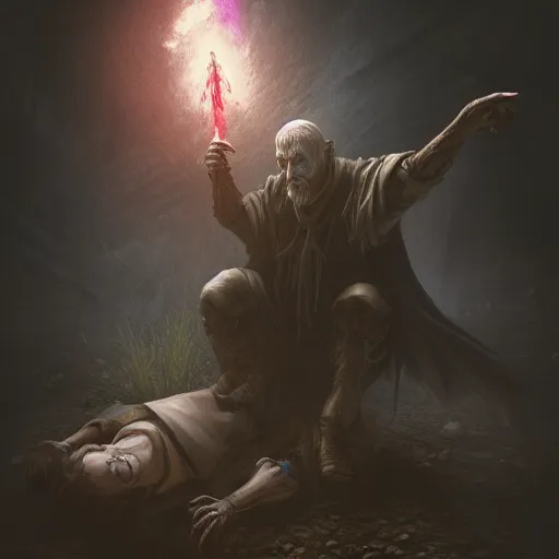 Image similar to a old necromancer resurrecting his fallen friend from dead, Grim fantasy, emotional, D&D, HDR, concept art, award winning photograph, 8k, Mucha style,