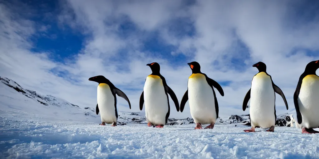 Image similar to ultrawide angle photograph of three penguins doing tricks on snowboards, 8 k