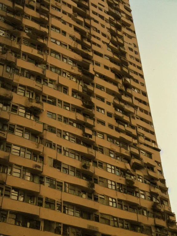 Image similar to photo of a soviet panel residential low height building, extreme wide shot, golden hour, kodak gold 2 0 0, side - view