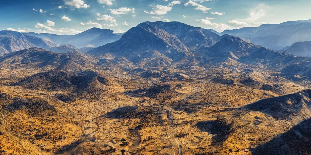 Image similar to drone shot photo of a landscape with mountains and acanyon, wallpaper, very very wide shot, national geographic, award landscape photography, professional landscape photography, sunny, day time, beautiful