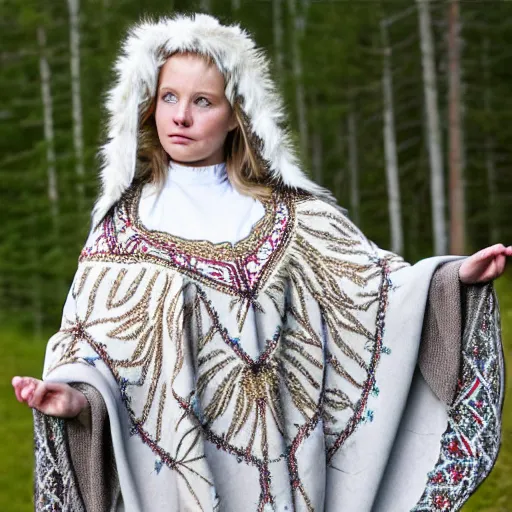 Image similar to photo of a real-life very beautiful nordic princess ornate cloak, highly detailed