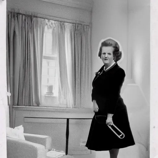 Image similar to Margaret Thatcher with cat ears and a maid outfit