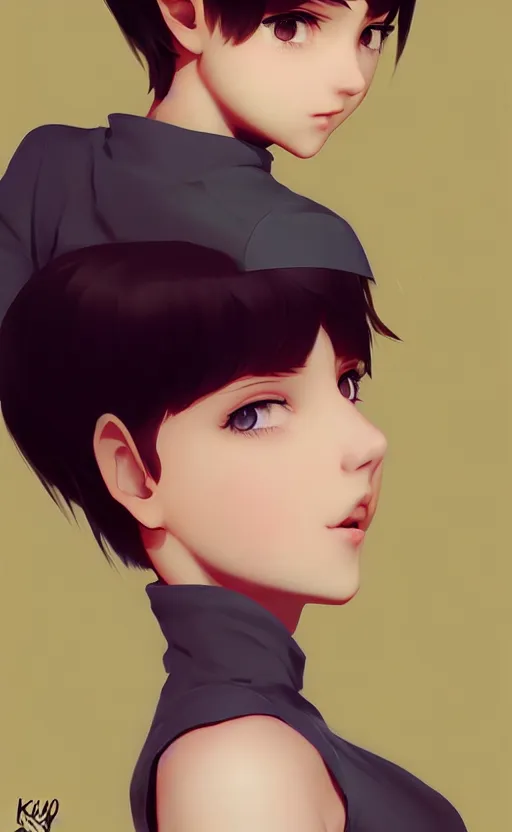 Image similar to a playful and cute girl with short hair, by ilya kuvshinov