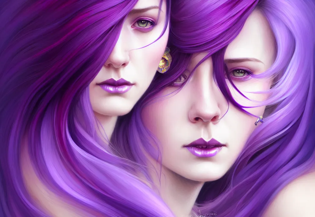 Image similar to Purple hair relistic Portrait of a two woman with bright colored flying hair, all shades of purple. Beauty face, Hair coloring, fantasy, intricate, elegant, highly detailed, digital painting, artstation, concept art, smooth, sharp focus, illustration, art by artgerm and greg rutkowski and alphonse mucha