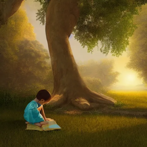 Prompt: a child reading a book under tall tree growing in the middle of a beautiful ancient Victorian library. inspired by Albert Bierstadt, ultra-realistic, 4K, featured on artstation