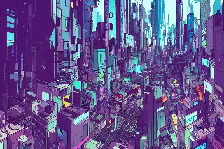 Prompt: a crowded cyberpunk intersection by Josan Gonzalez, golden ratio, heavy linework, clean strokes, sharp edges, flat colors, cell shaded