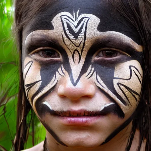 Prompt: portrait of yanomami girl with tribal face painting in rainforest by Luis Royo