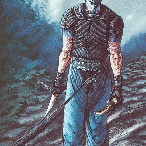 Image similar to a beautiful detailed painting of guts the black swordsman wielding his giant great sword while walking down an old dirt road by moebius, colored manga art