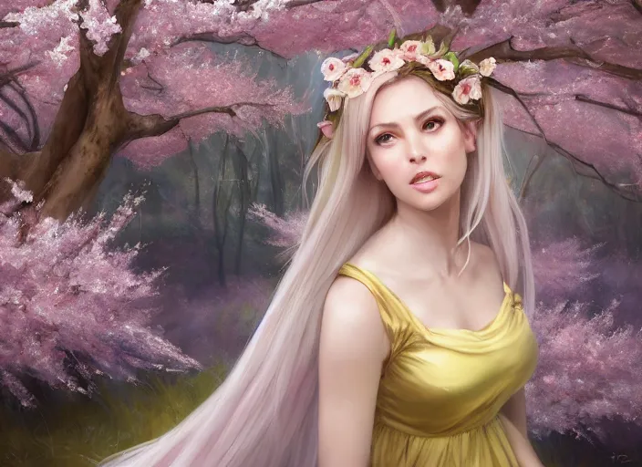 Prompt: Beautiful oil painting of Mercy in a Sakura Tree forest by Artur Tarnowski and Titian and Mandy Jurgens, portrait, Overwatch, symmetrical face, blush, intricate, wearing white sundress, face, blue iris eyes, platinum blonde hair, slim face, pointed chin, elegant, Angela Ziegler, (light yellow mist), pink forest, angelic, highly detailed, dramatic lighting, sharp focus, hyper realistic, octane render, raytracing, trending on artstation, artstationHD, artstationHQ, unreal engine, 4k, 8k