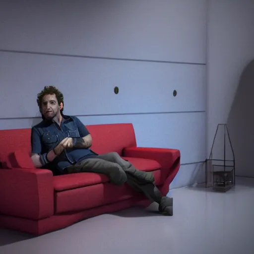 Image similar to gustavo cerati sitting on a sofa looking at the red moon, digital art, matte painting, render unreal engine, octane render, highly detailed, asymmetrical