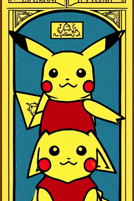 Prompt: Pikachu tarot card, art nouveau style, ornate borders, intricate details, trending on artstation