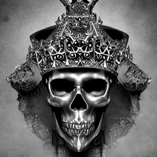 Prompt: skull queen with an origami crown, hints of silver jewelry, gothic, eerie, intricate detail, dramatic lighting, mist, grey, 4k