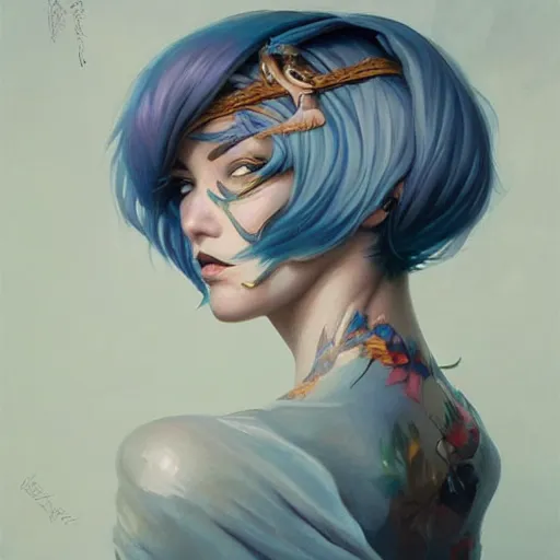 Prompt: a beautiful painting of a woman with short blue hair representative of the art style of artgerm and wlop and peter mohrbacher