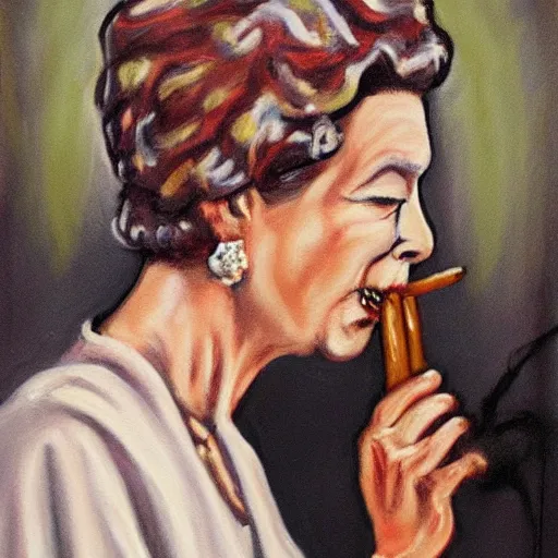 Image similar to Realistic painting of Queen Elizabeth II smoking a cigar on a unicycle