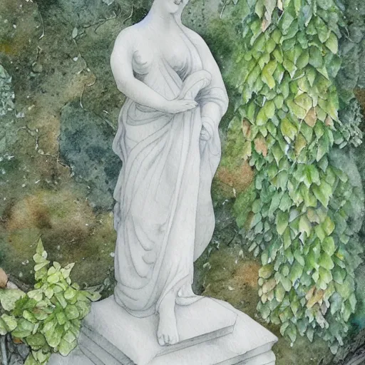 Image similar to delicate marble statue in a garden, stony, puffy, botanical herbarium paper, botanic, watercolor colored painting, pencil, iridescent colors, 8 k, realistic shaded, fine details, artstation, italian, colonnade, hydrangea, vines, gardena architecture, pompeii