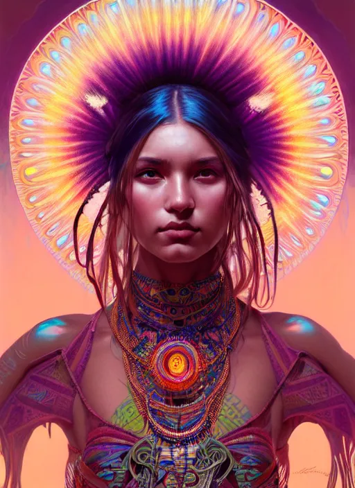 Image similar to hyper detailed ultra sharp of a beautiful tribal shaman trance girl. trending on artstation, warpaint aesthetic, earthwave, colorful, psychedelic, ornate, intricate, digital painting, concept art, smooth, sharp focus, illustration, art by artgerm and greg rutkowski and alphonse mucha, 8 k