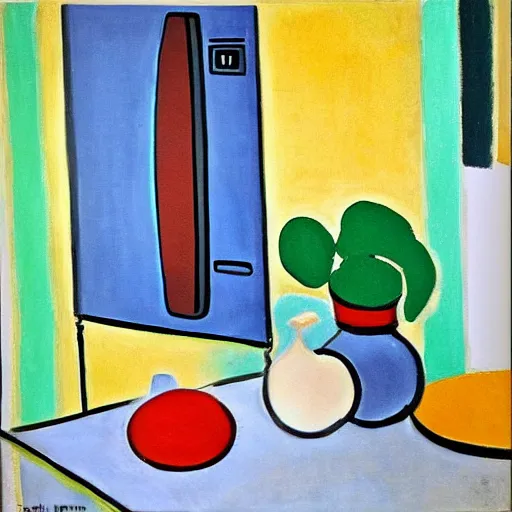 Prompt: classic refrigerator appliance, painting in the style of henri matisse.